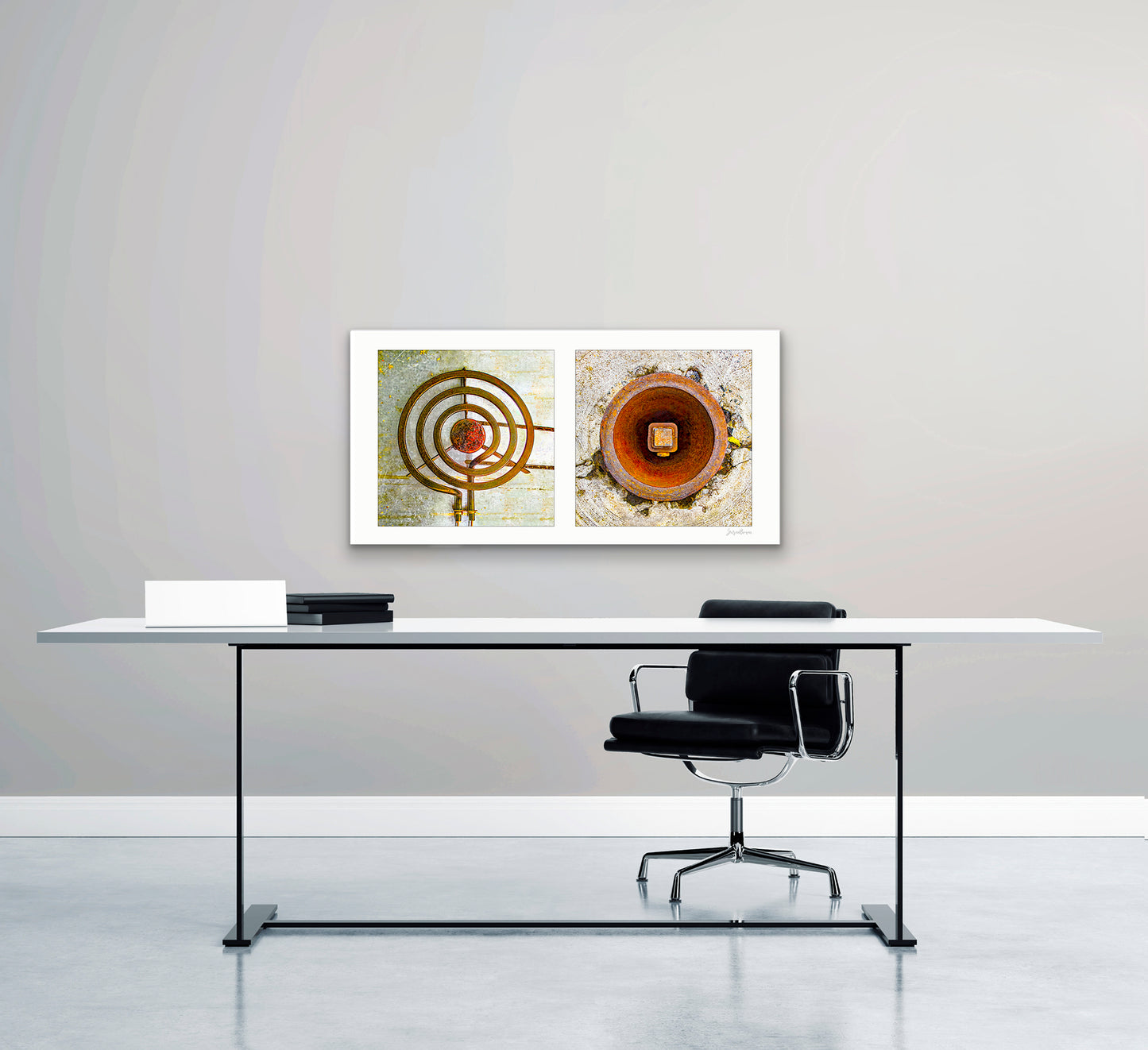 Diptych photograph of found objects round in shape (stove coil and rusty hole)