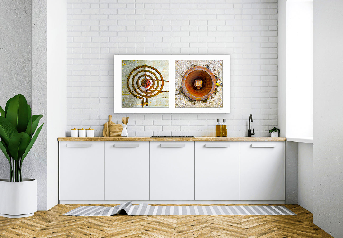 Diptych photograph of found objects round in shape (stove coil and rusty hole)