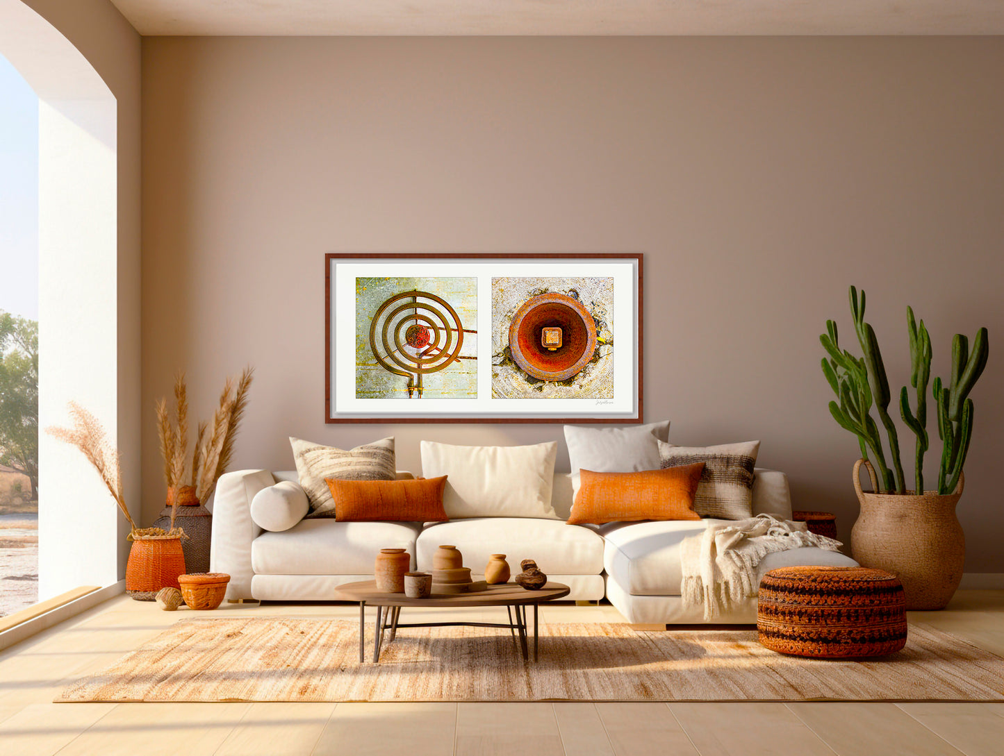 Diptych photograph of found objects round in shape (stove coil and rusty hole)