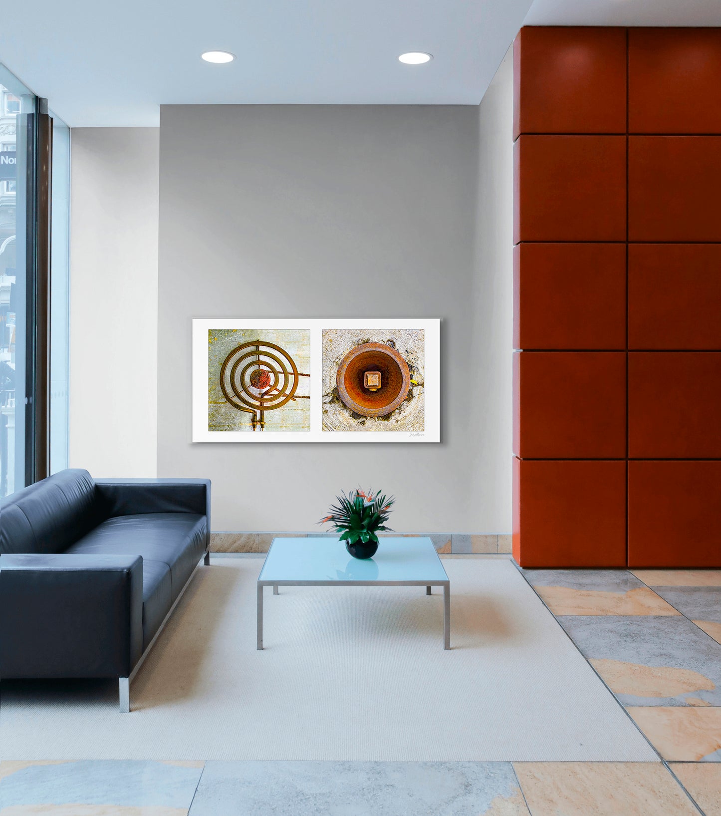 Diptych photograph of found objects round in shape (stove coil and rusty hole)