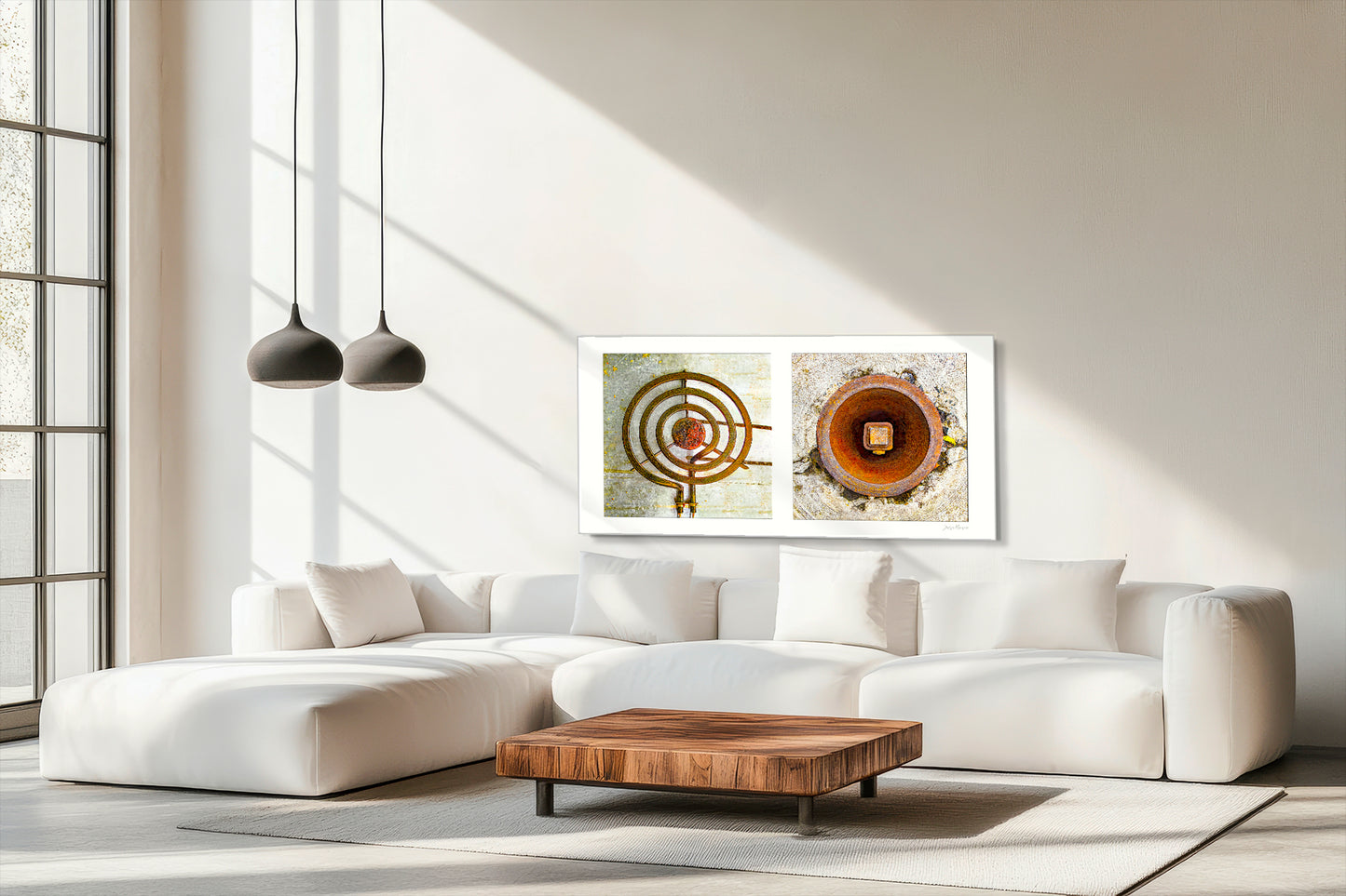 Diptych photograph of found objects round in shape (stove coil and rusty hole)