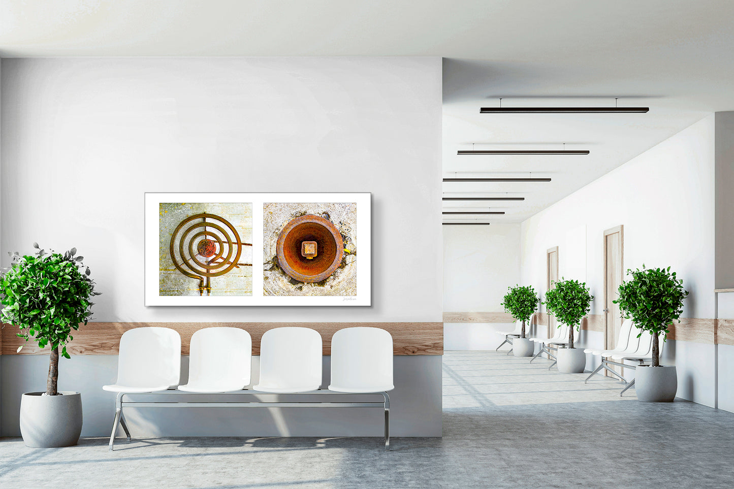 Diptych photograph of found objects round in shape (stove coil and rusty hole)
