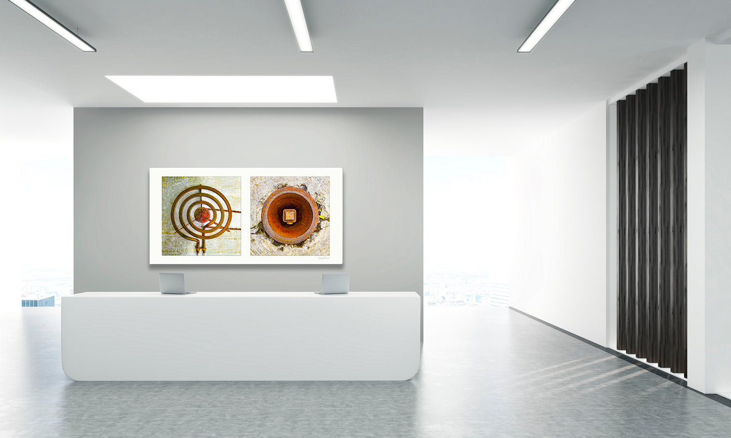 Diptych photograph of found objects round in shape (stove coil and rusty hole)
