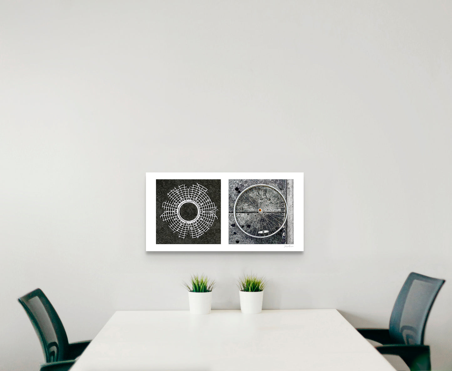 Diptych photograph of found objects round in shape (radiating lines)