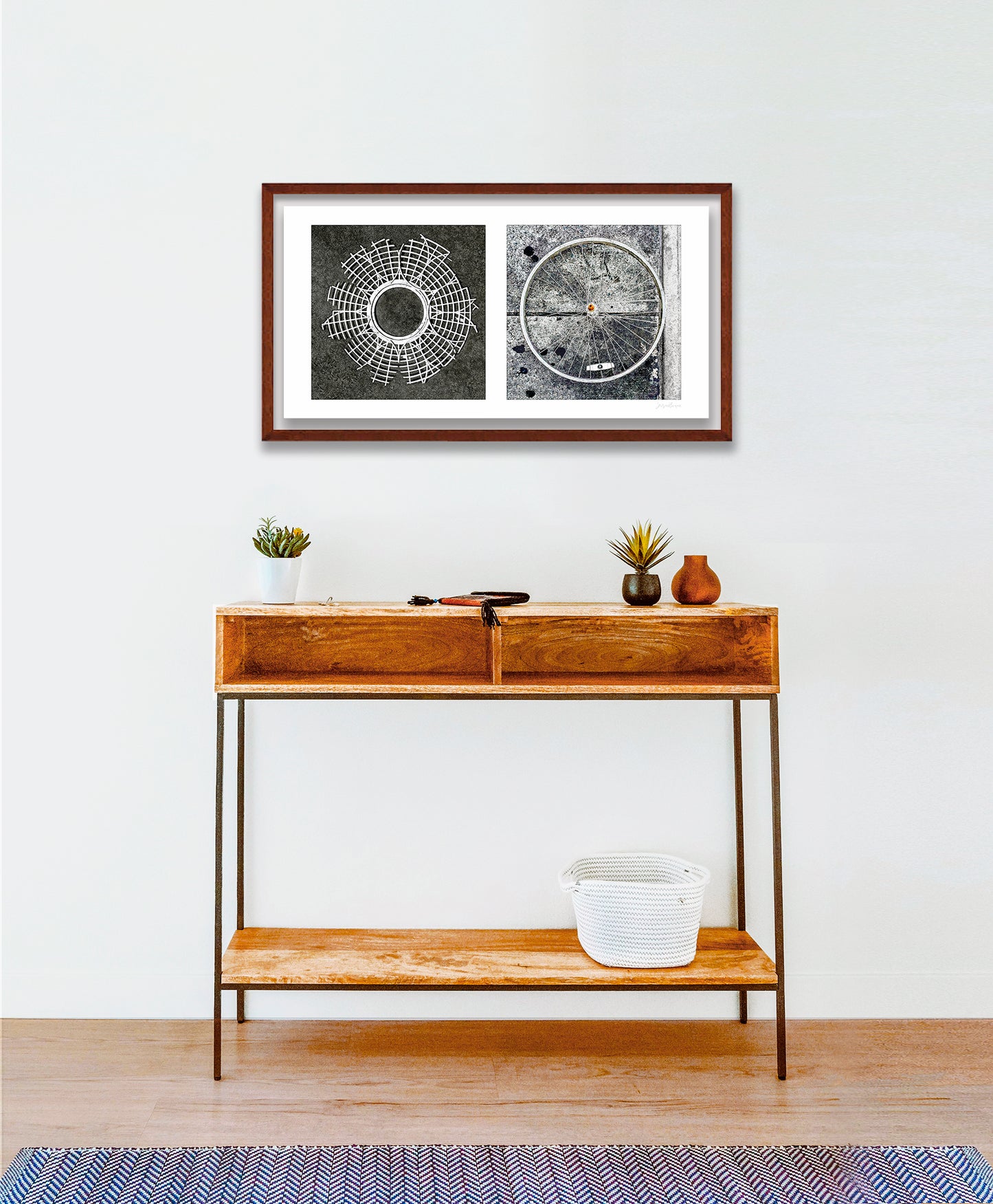 Diptych photograph of found objects round in shape (radiating lines)