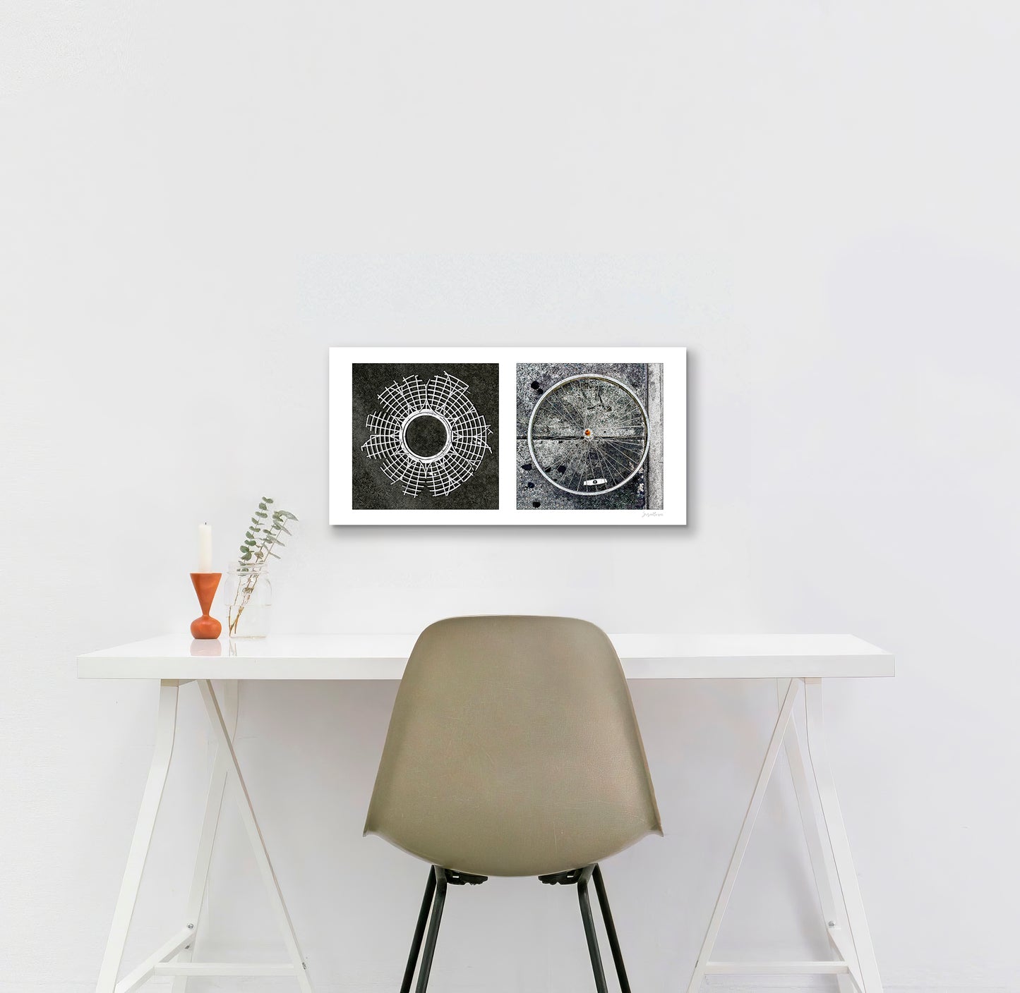 Diptych photograph of found objects round in shape (radiating lines)