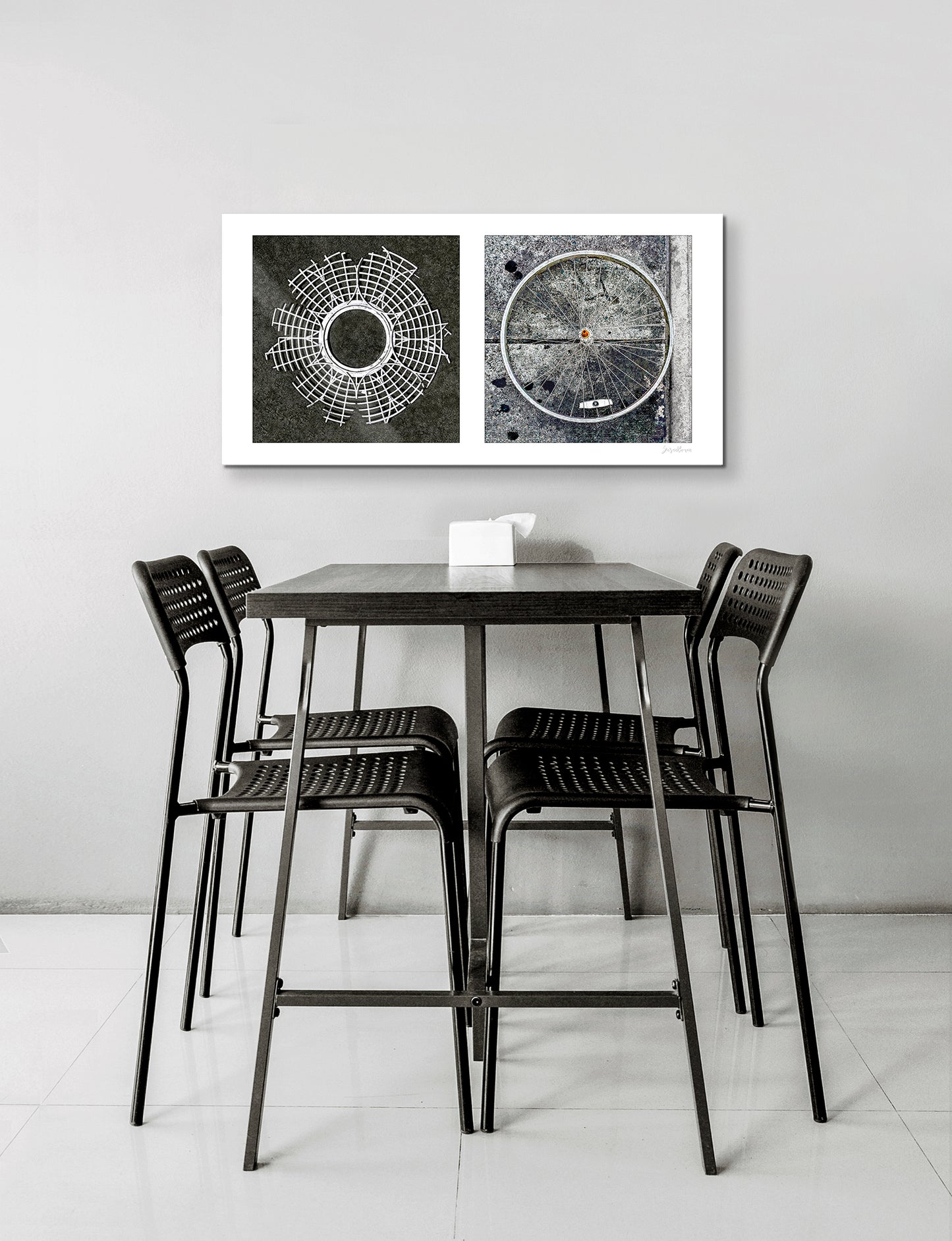 Diptych photograph of found objects round in shape (radiating lines)