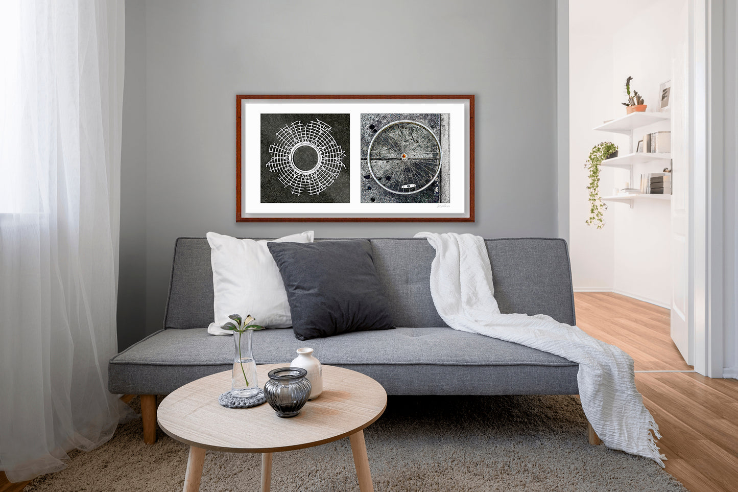 Diptych photograph of found objects round in shape (radiating lines)