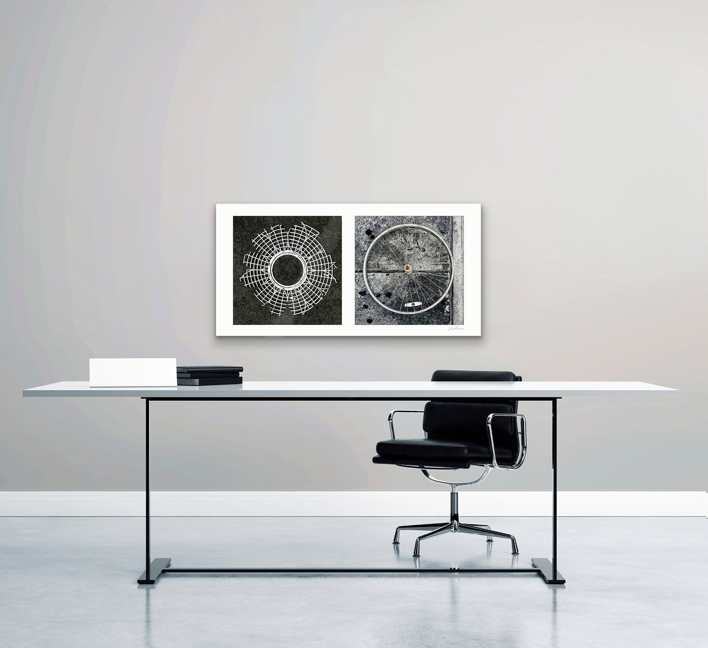 Diptych photograph of found objects round in shape (radiating lines)