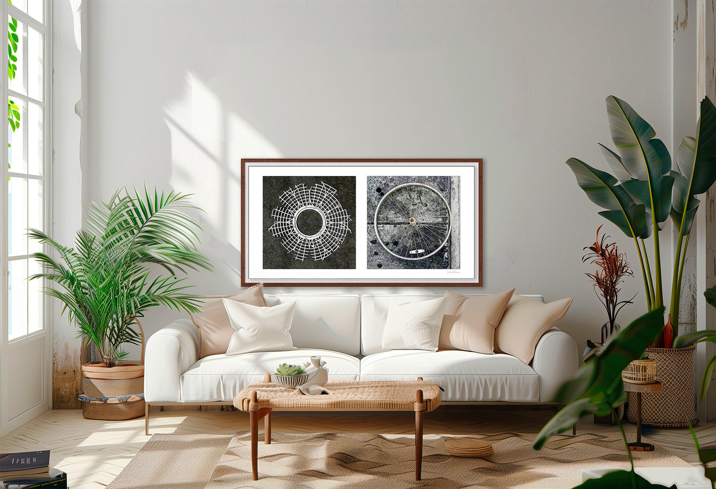 Diptych photograph of found objects round in shape (radiating lines)