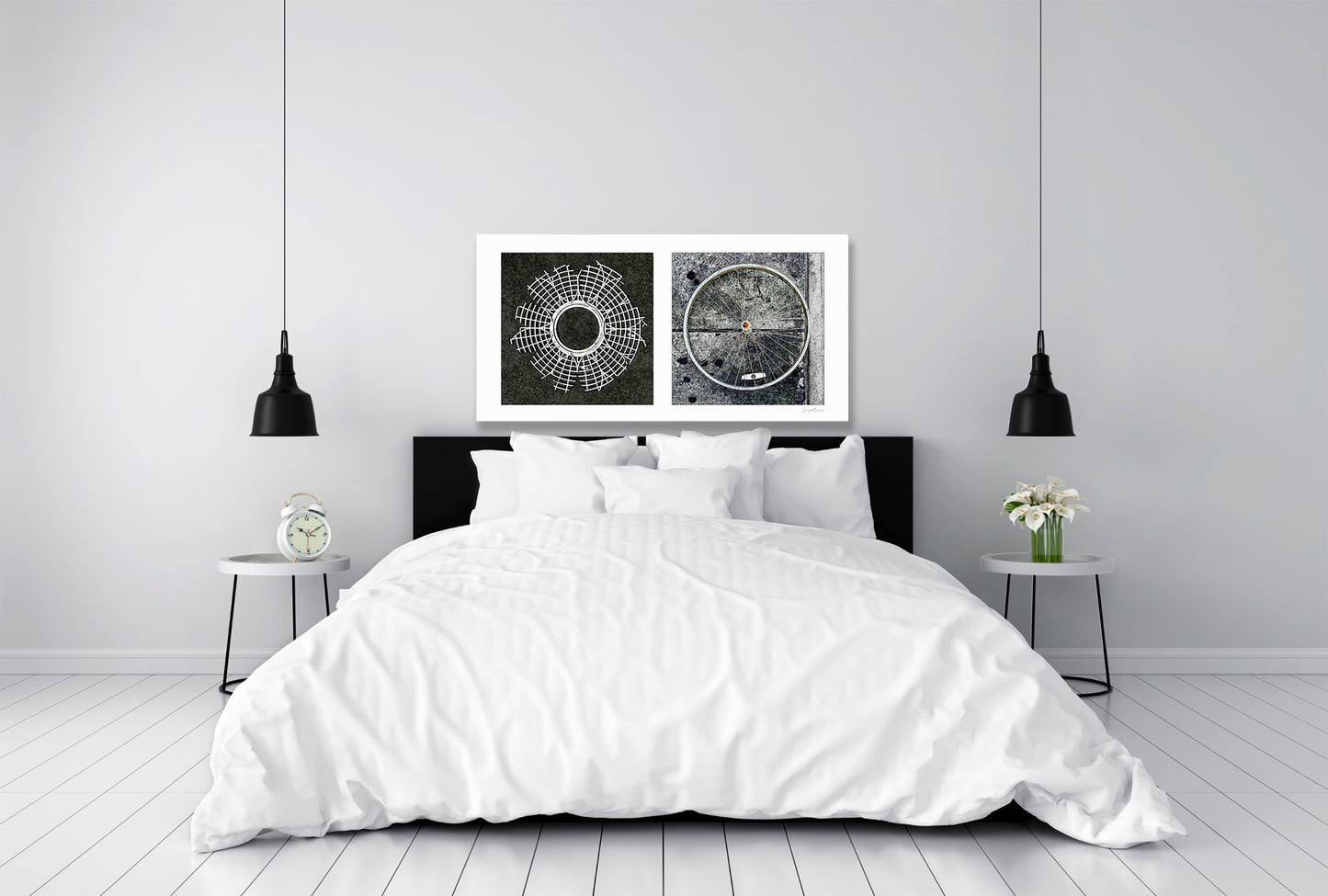 Diptych photograph of found objects round in shape (radiating lines)