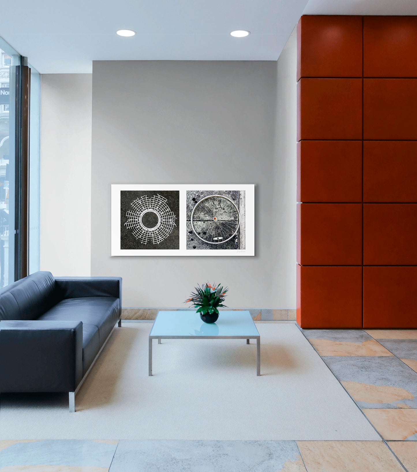 Diptych photograph of found objects round in shape (radiating lines)