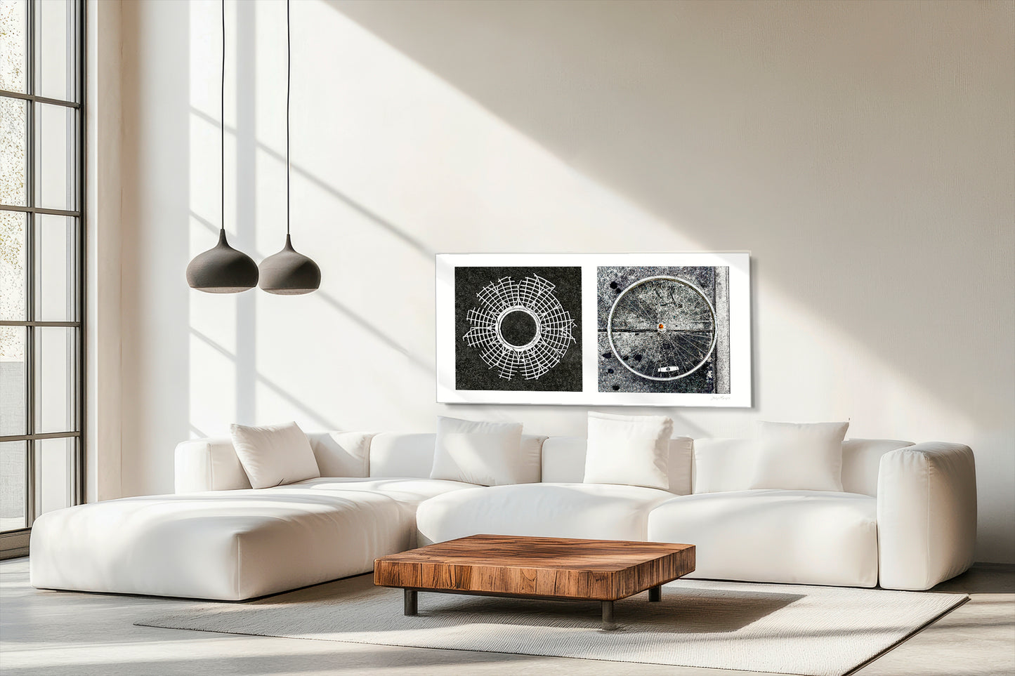 Diptych photograph of found objects round in shape (radiating lines)