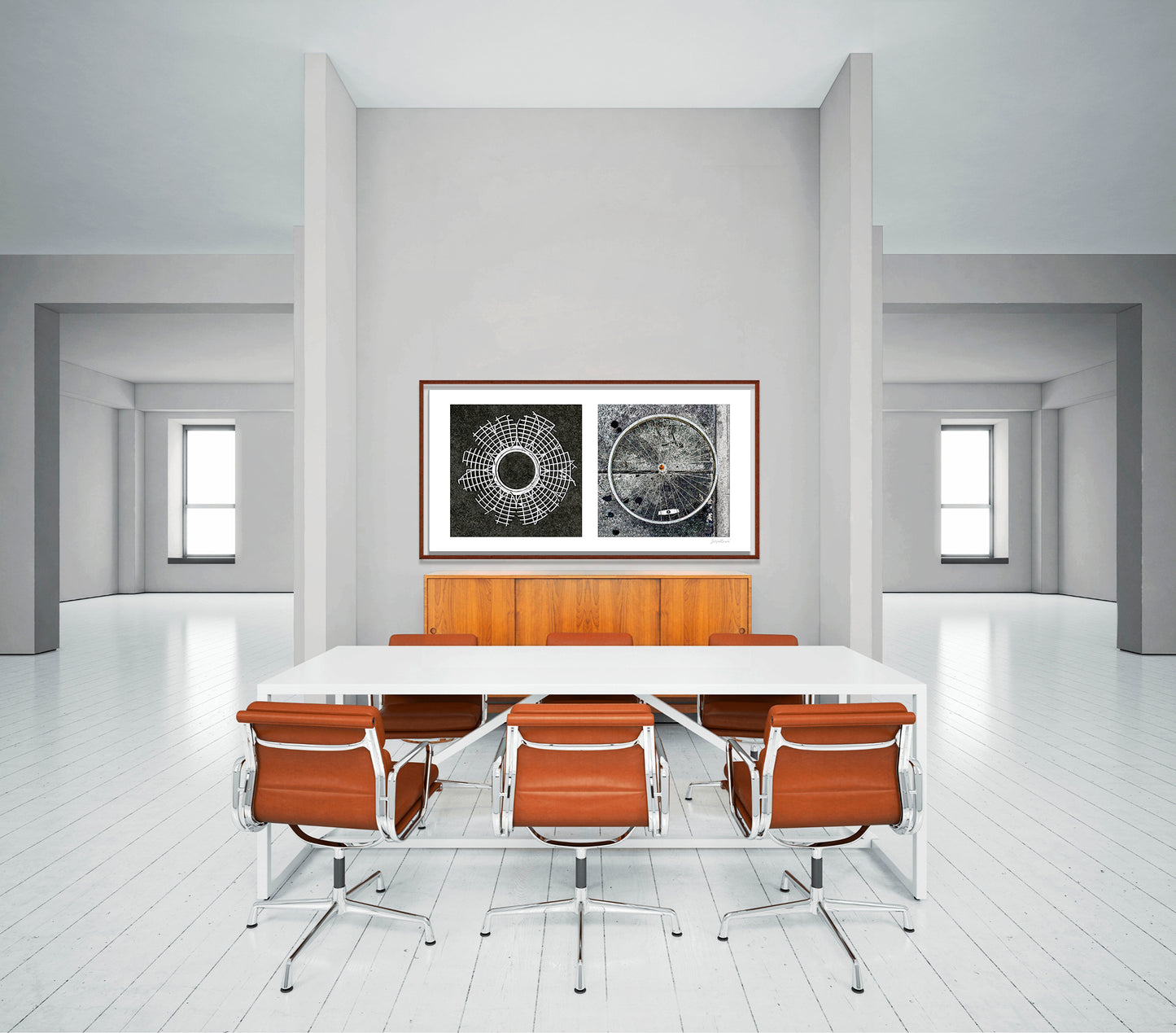 Diptych photograph of found objects round in shape (radiating lines)