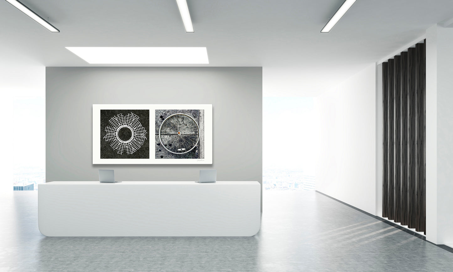 Diptych photograph of found objects round in shape (radiating lines)