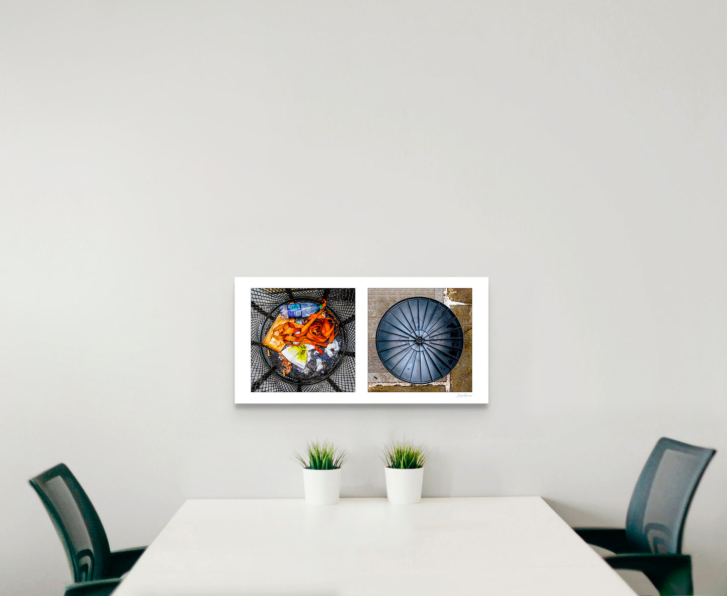 Diptych photograph of found objects round in shape with trash can