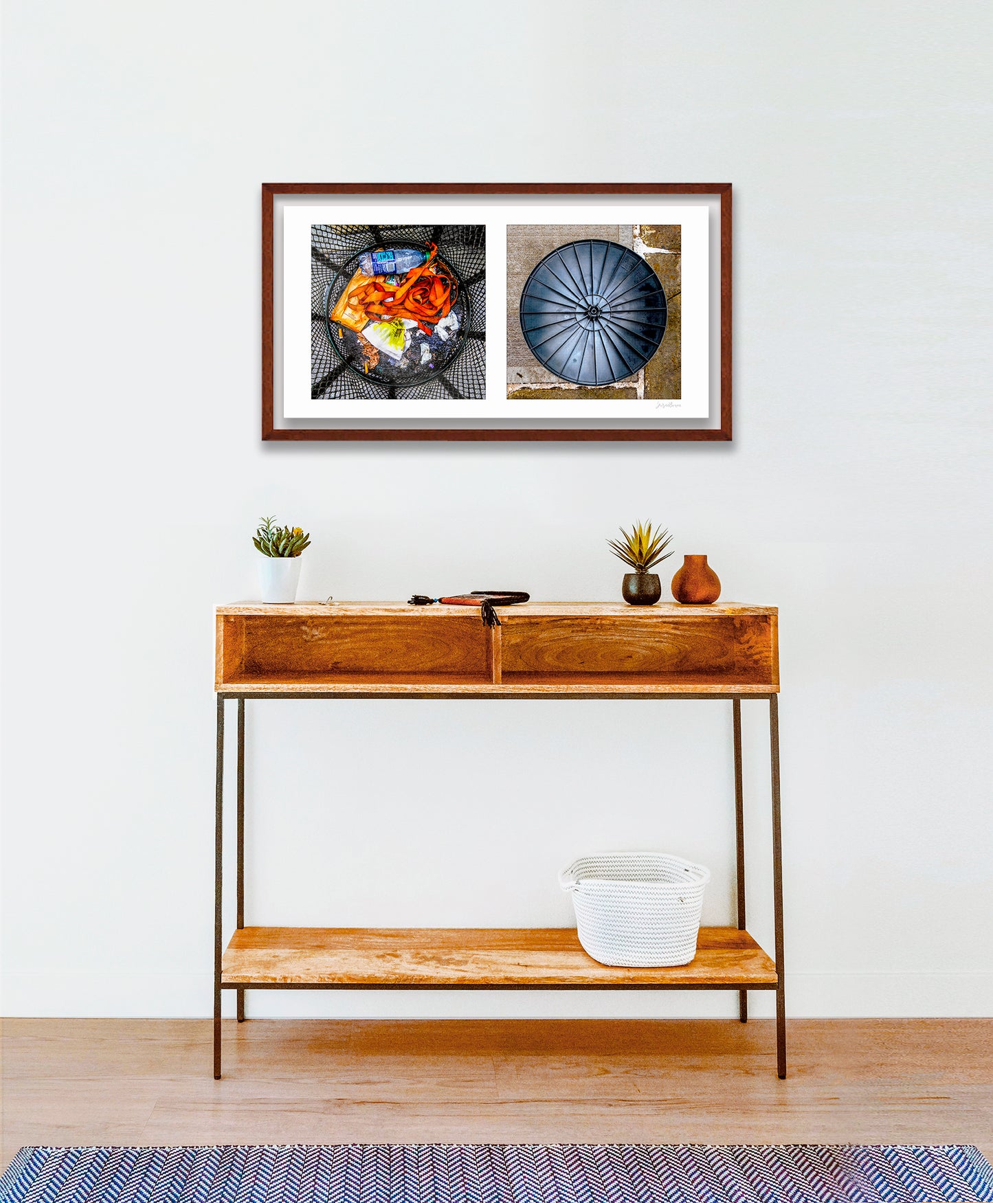 Diptych photograph of found objects round in shape with trash can
