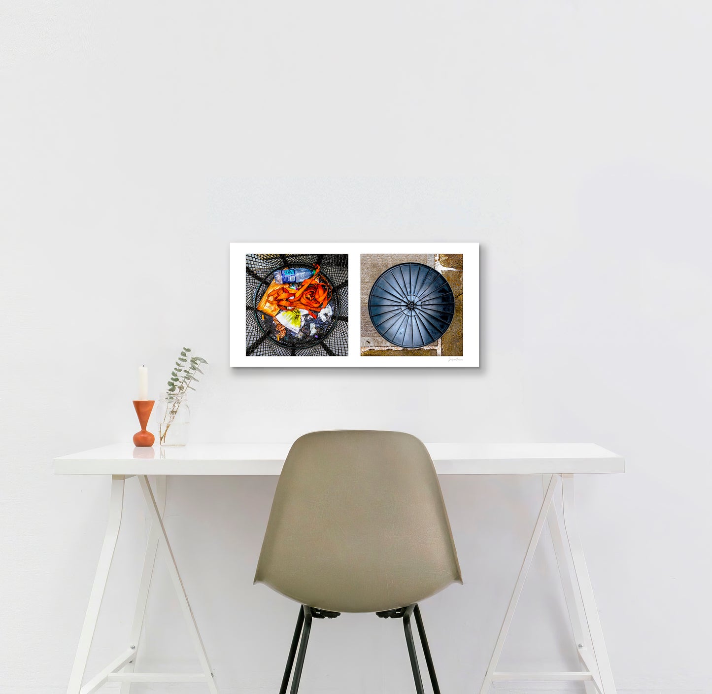 Diptych photograph of found objects round in shape with trash can