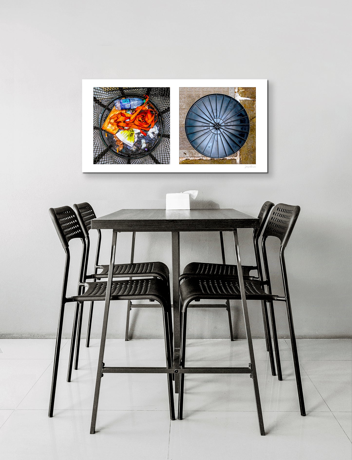 Diptych photograph of found objects round in shape with trash can