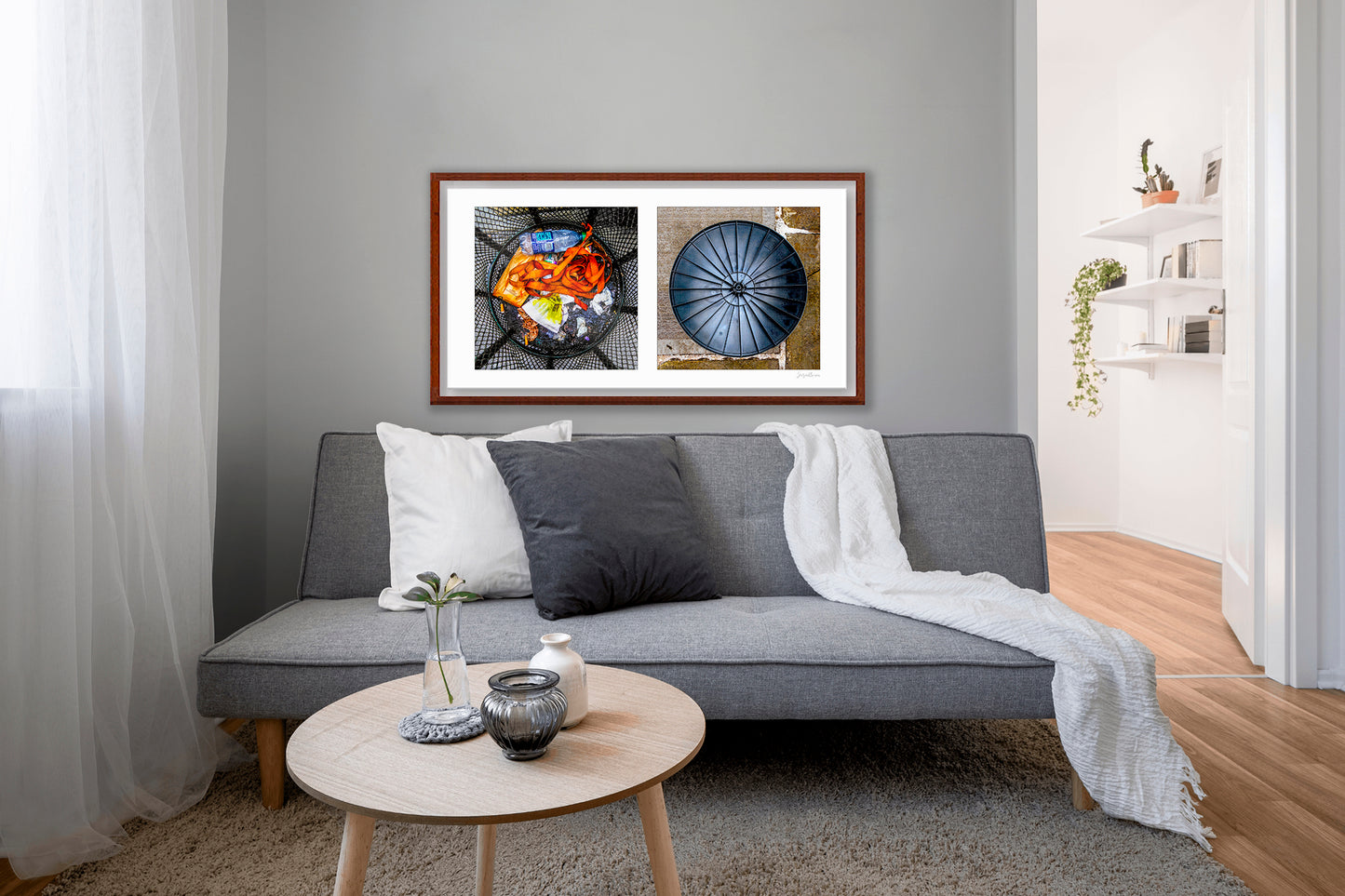 Diptych photograph of found objects round in shape with trash can