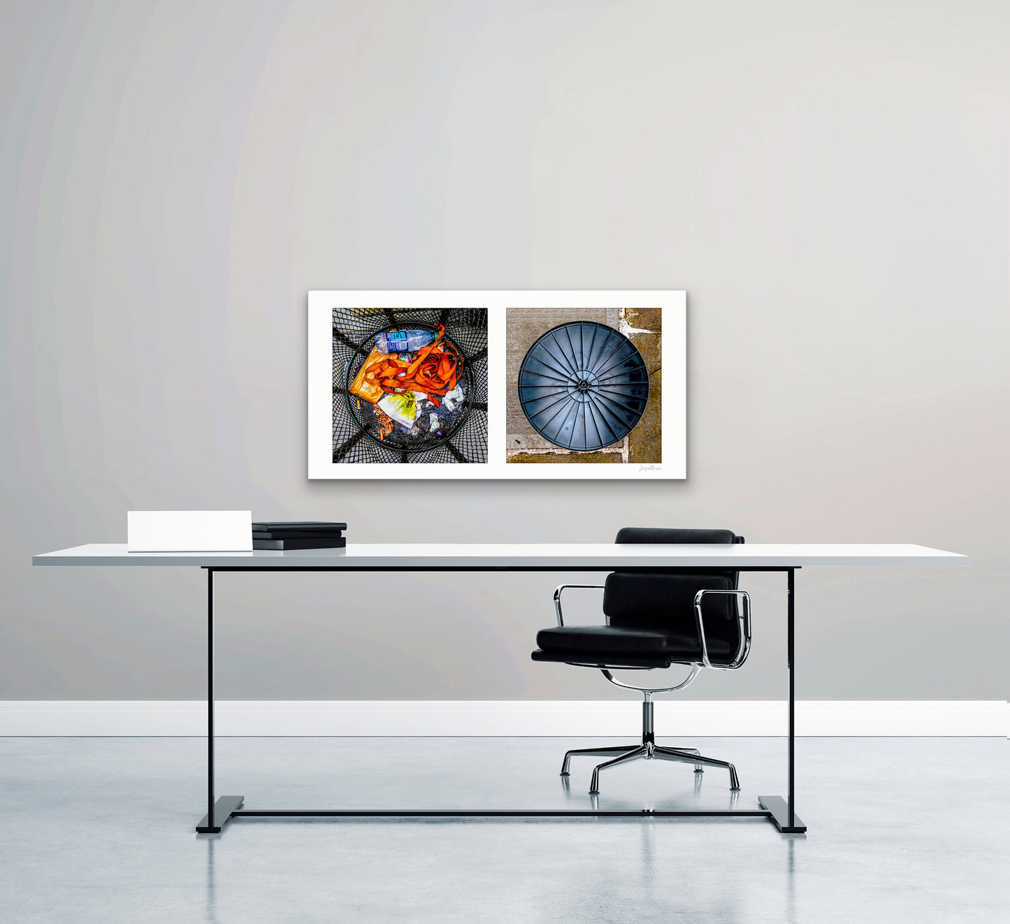 Diptych photograph of found objects round in shape with trash can