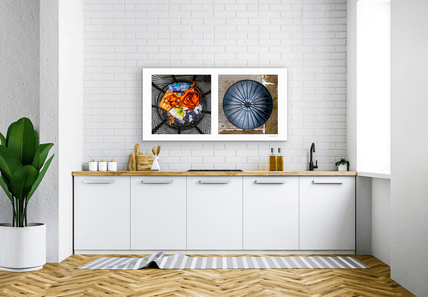 Diptych photograph of found objects round in shape with trash can