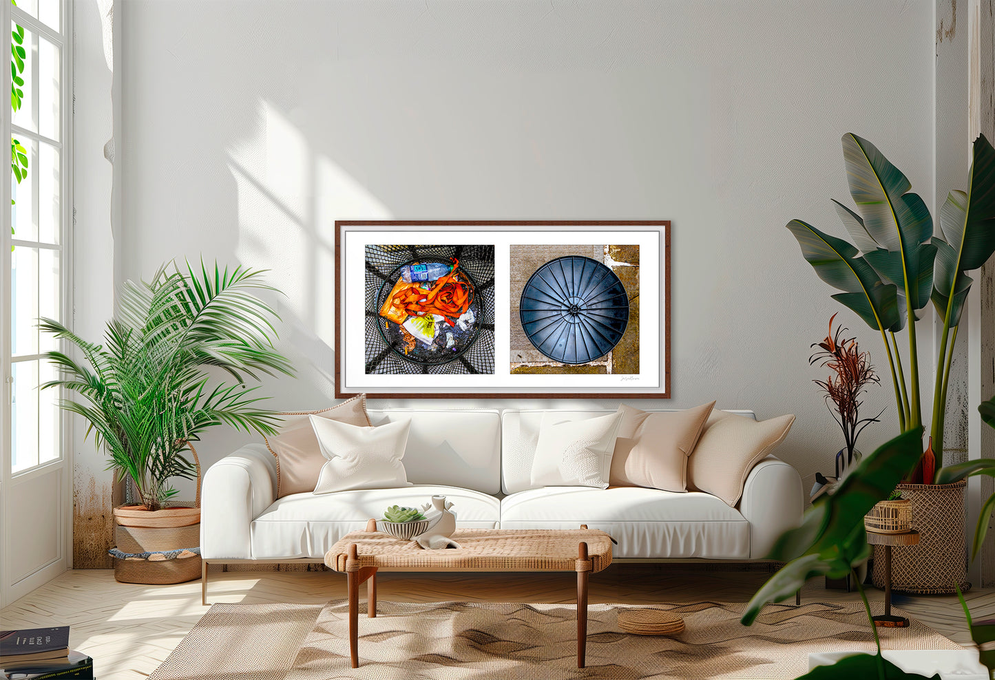 Diptych photograph of found objects round in shape with trash can