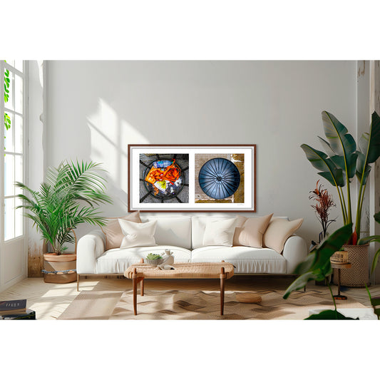 Diptych photograph of found objects round in shape with trash can