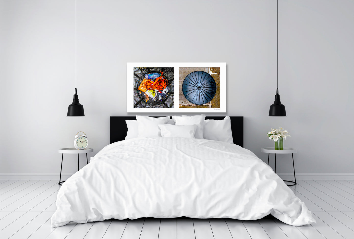 Diptych photograph of found objects round in shape with trash can