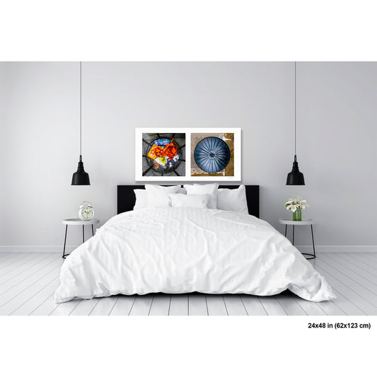 Colorful Trash and Lid Abstract artwork by Susan Bowen, shown as 24x48 print. Features top-down into a colorful street trash can paired with a spare plastic lid — an abstract diptych of urban still life and graphic form.