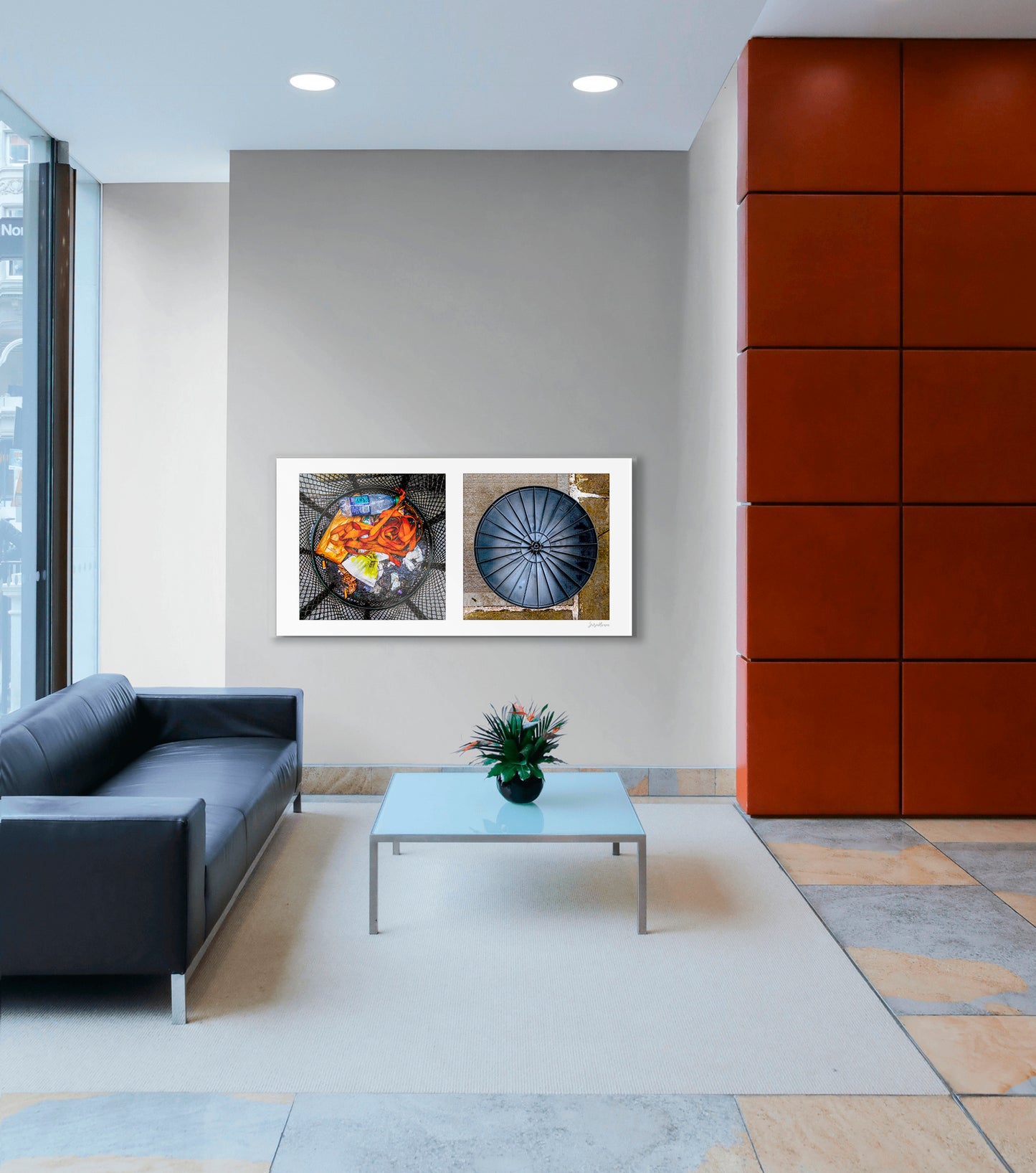 Diptych photograph of found objects round in shape with trash can