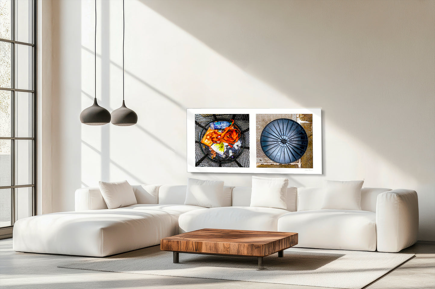 Diptych photograph of found objects round in shape with trash can