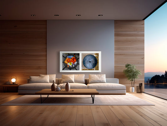 Diptych photograph of found objects round in shape with trash can