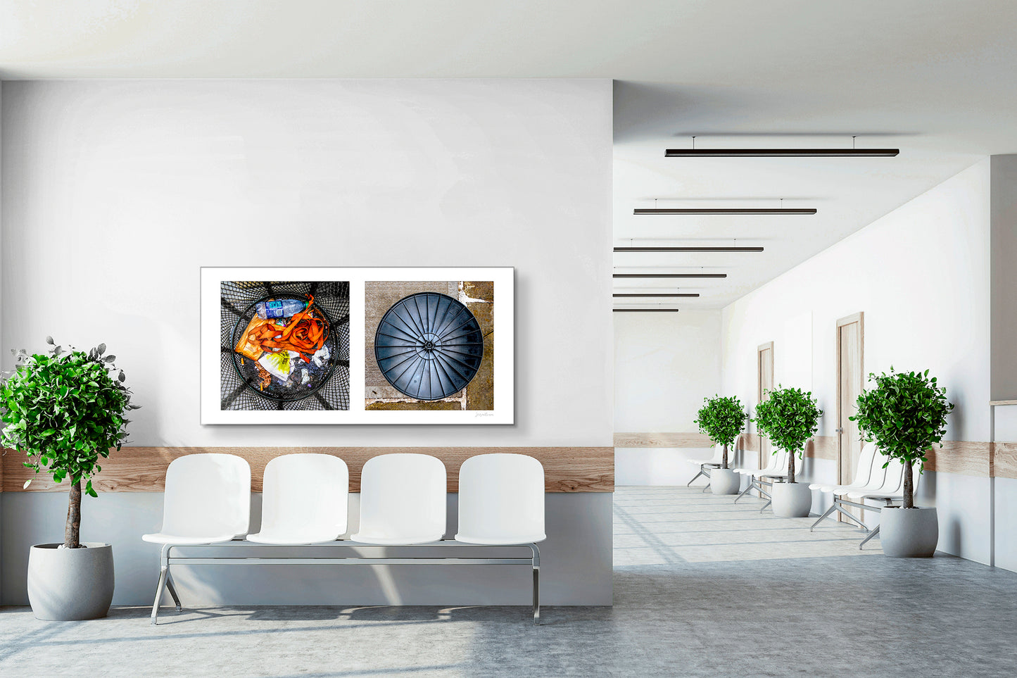 Diptych photograph of found objects round in shape with trash can