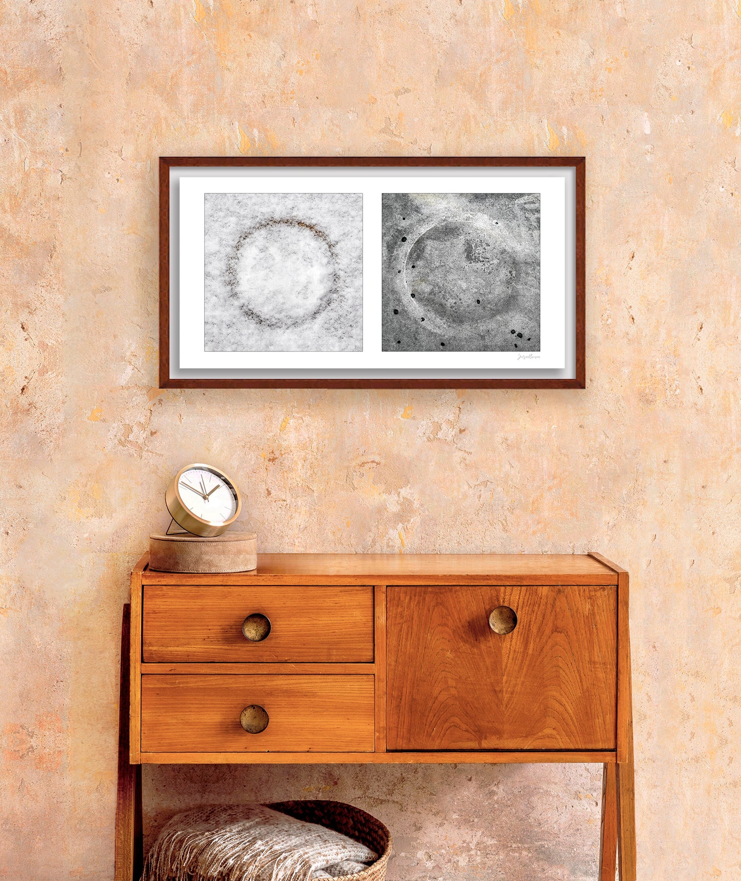 Diptych photograph of found objects round in shape with celestial look