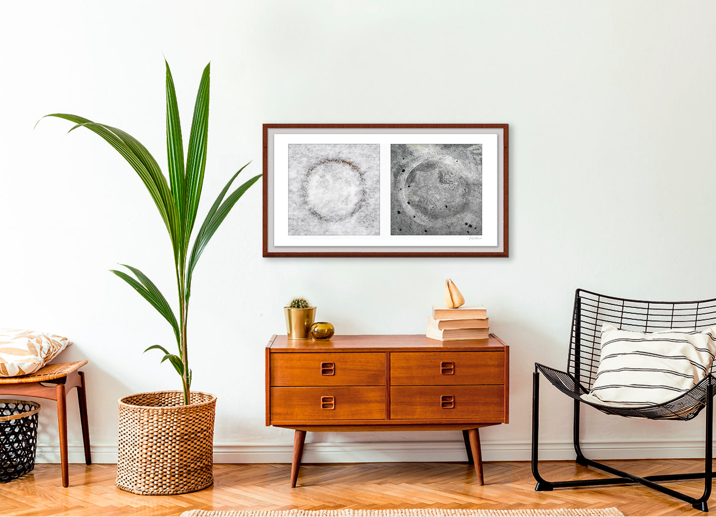 Diptych photograph of found objects round in shape with celestial look