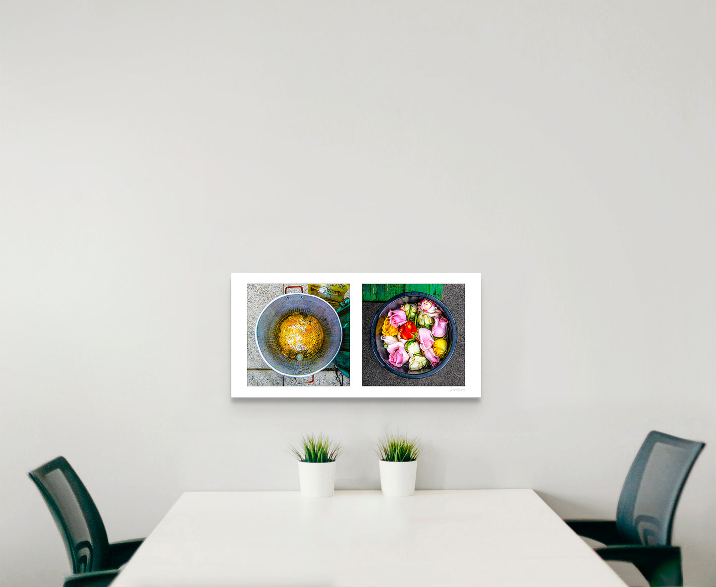 Diptych photograph of found objects round in shape with flowers