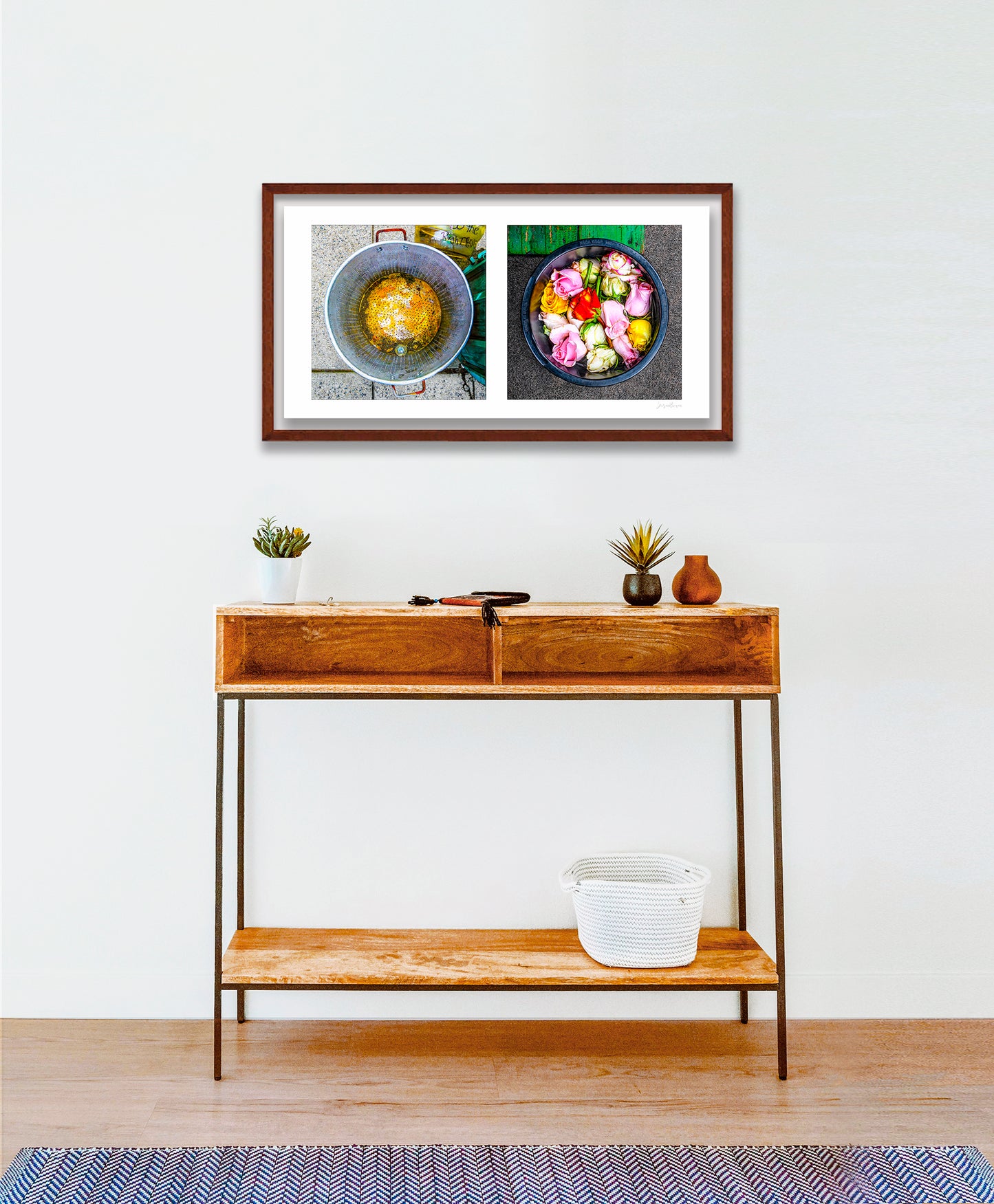 Diptych photograph of found objects round in shape with flowers