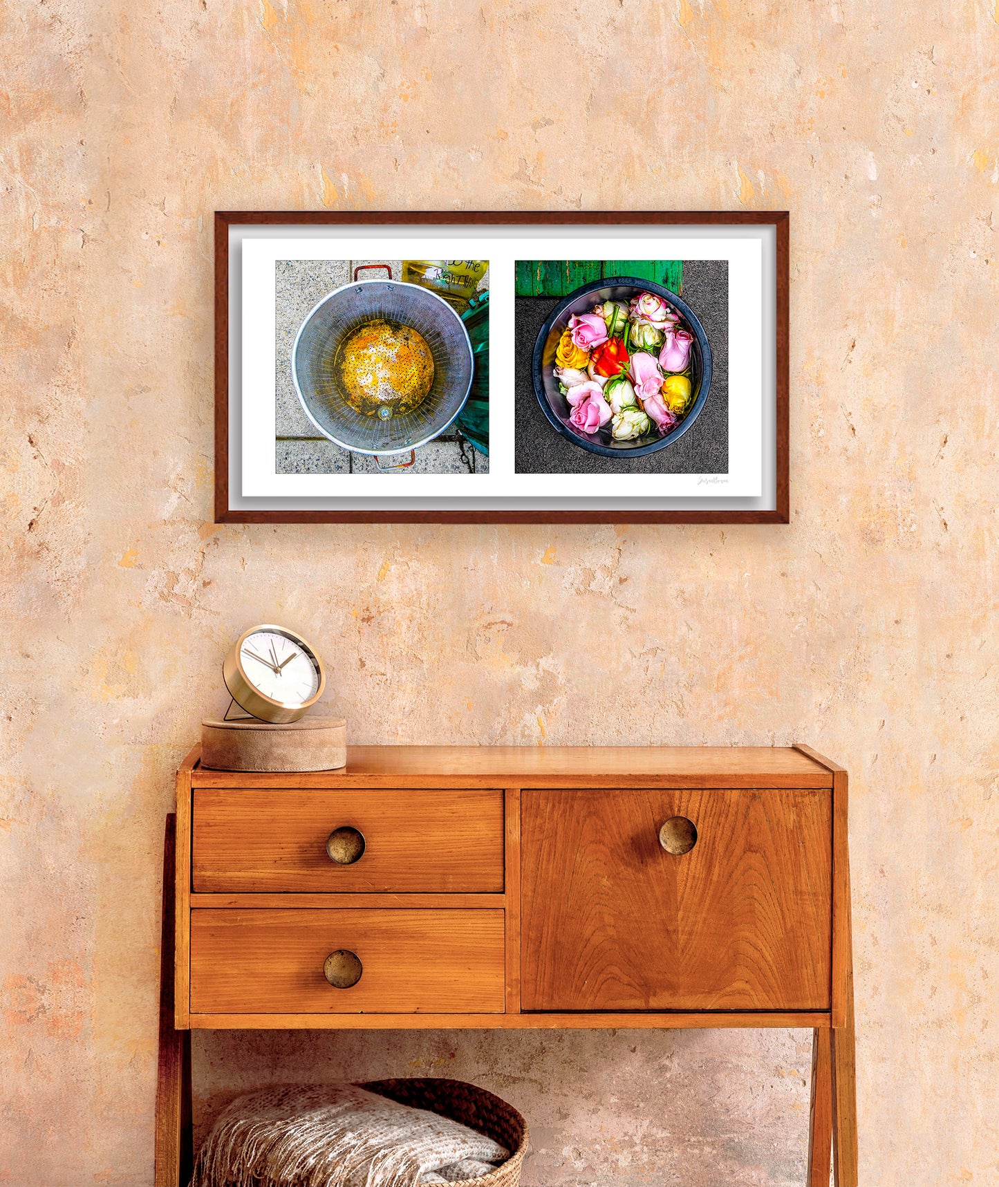 Diptych photograph of found objects round in shape with flowers