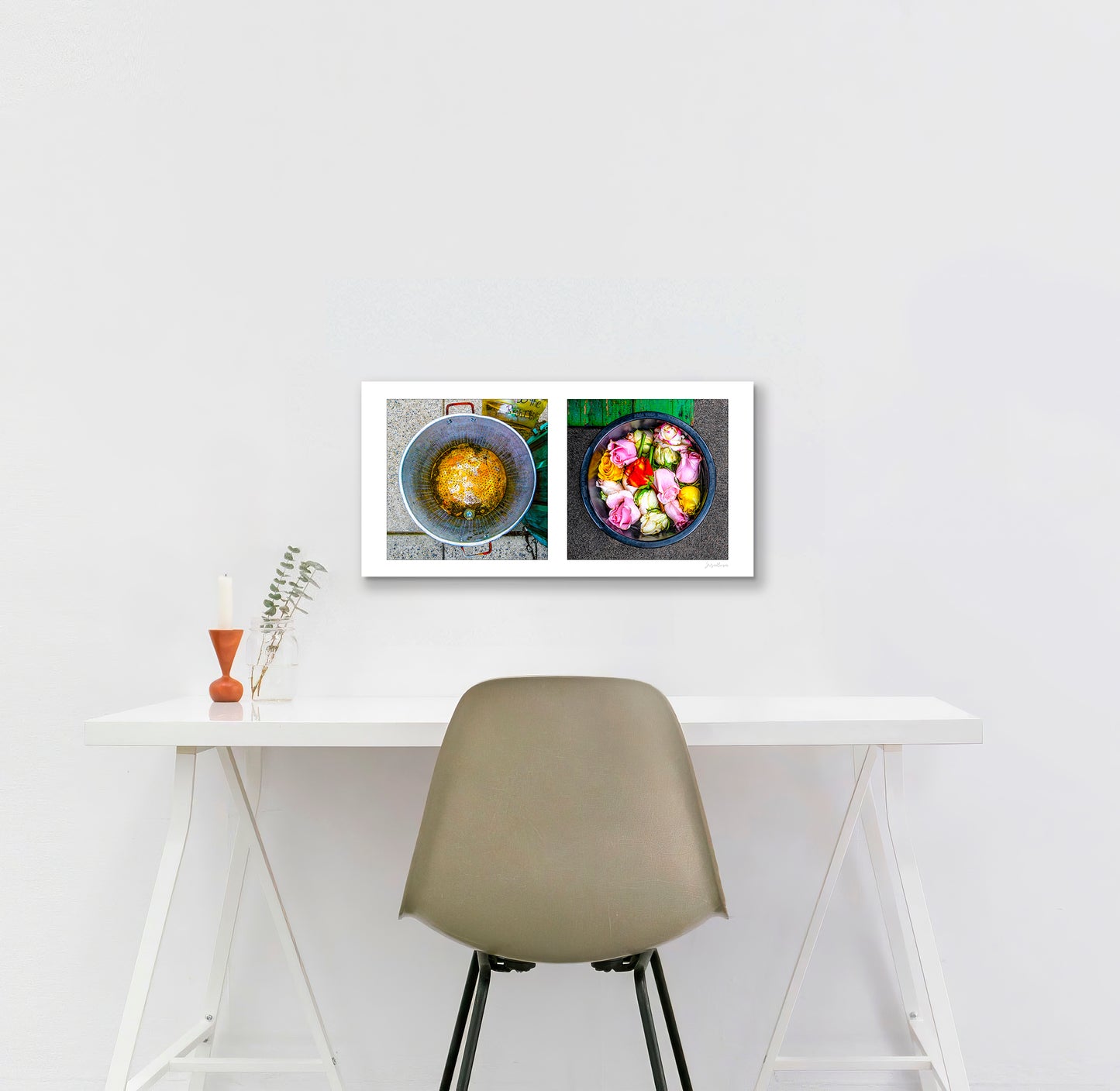 Diptych photograph of found objects round in shape with flowers