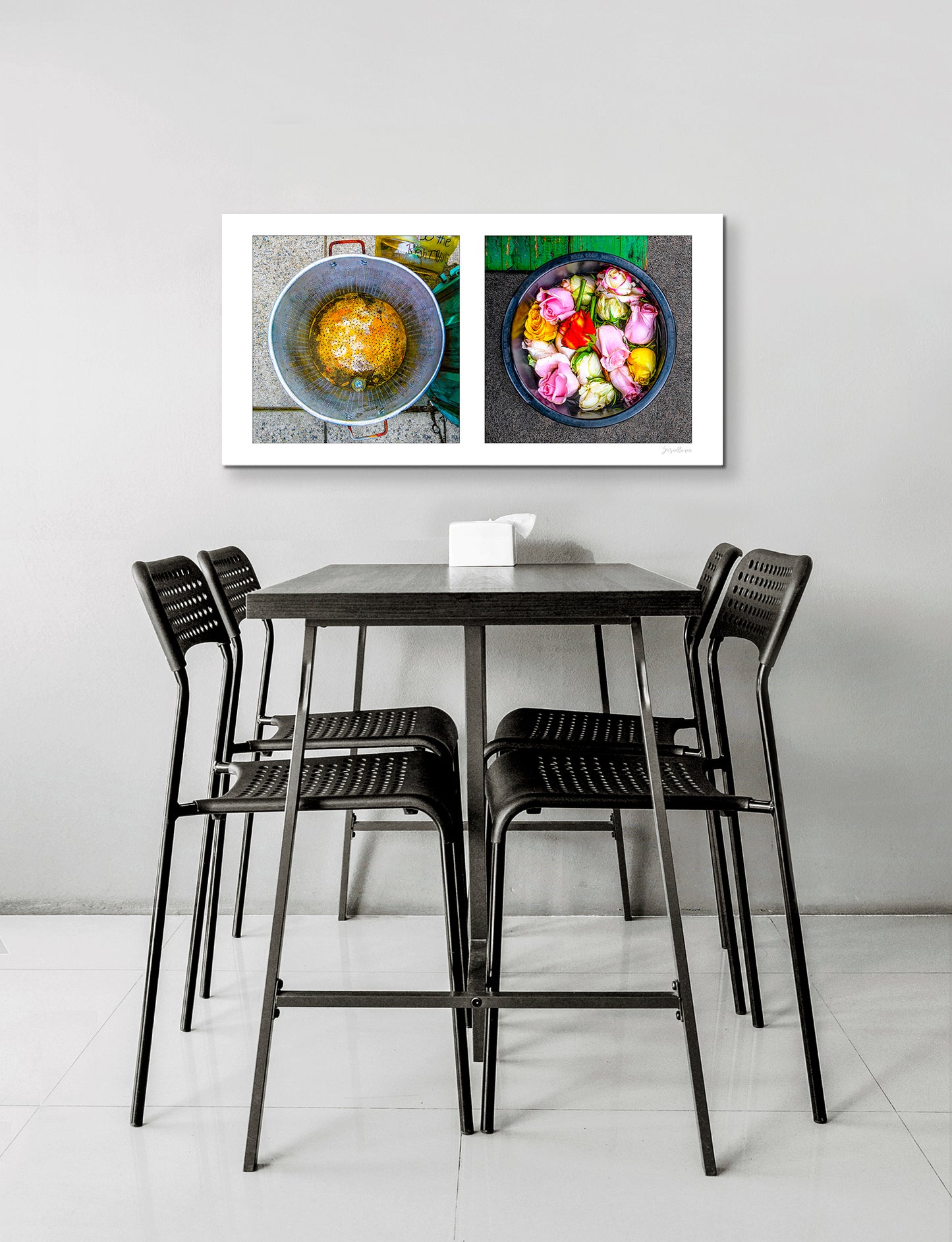 Diptych photograph of found objects round in shape with flowers