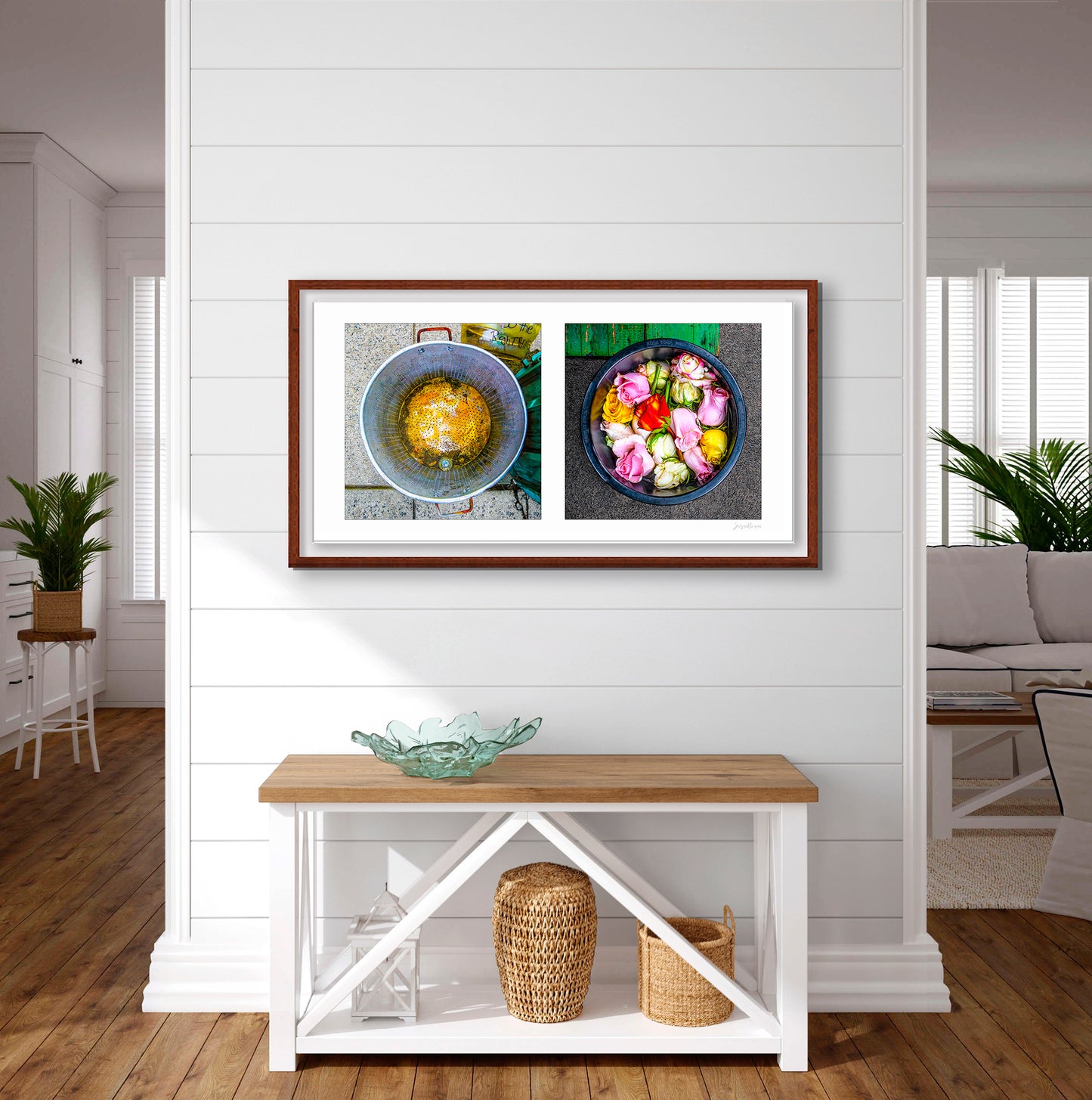 Diptych photograph of found objects round in shape with flowers