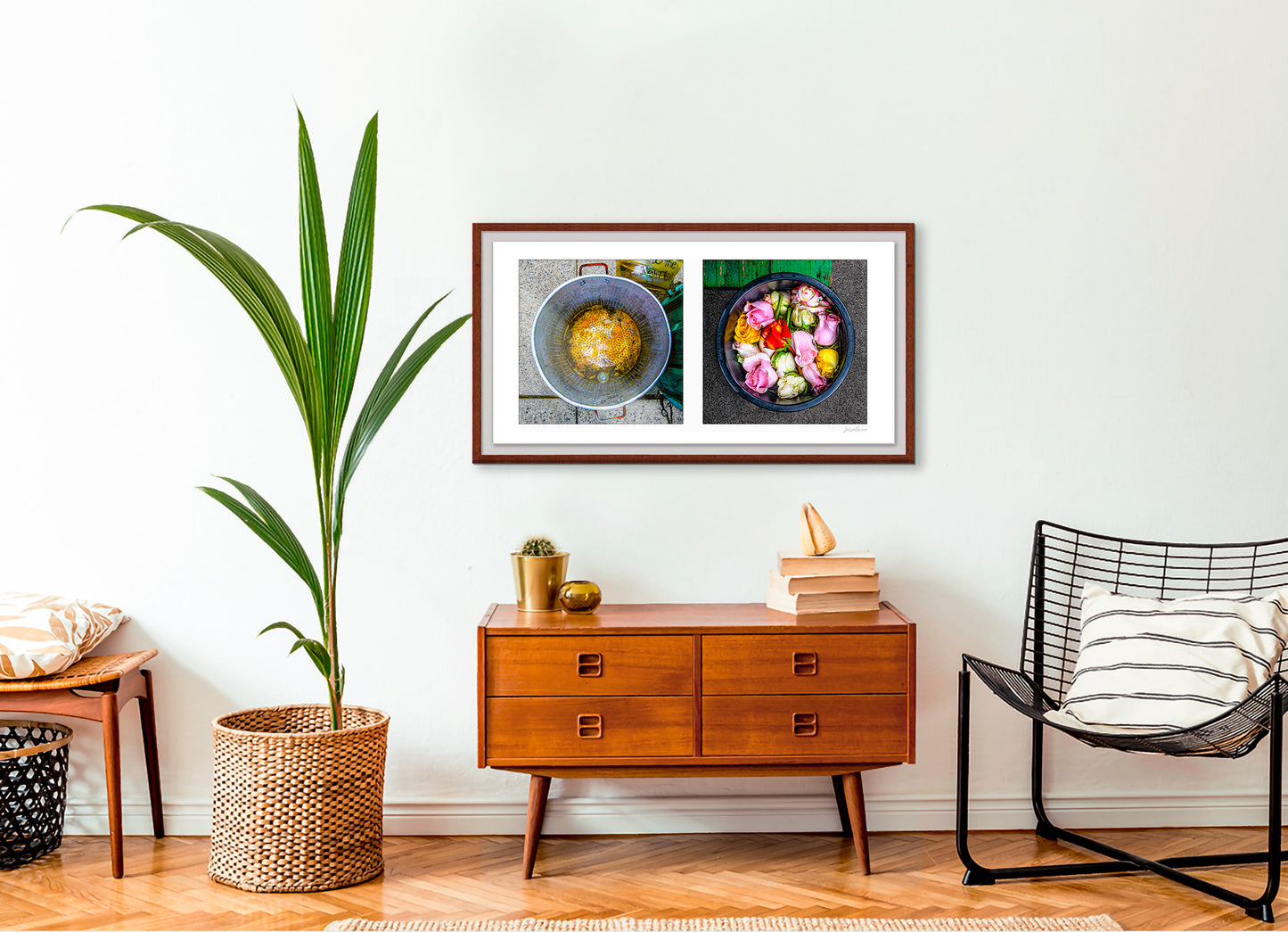 Diptych photograph of found objects round in shape with flowers