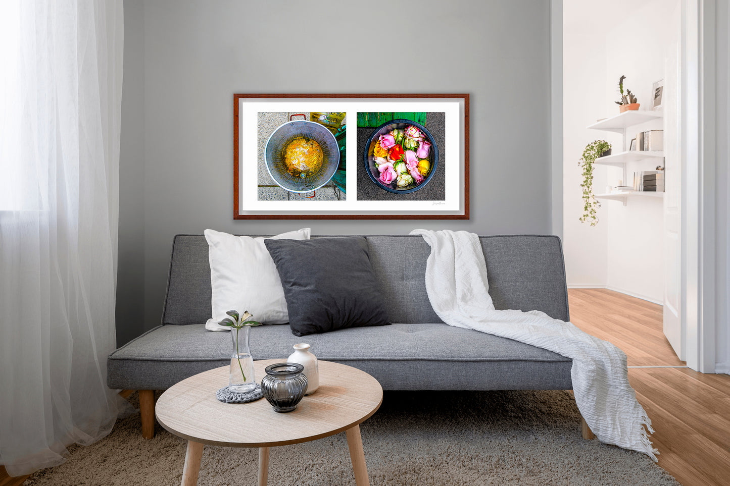 Diptych photograph of found objects round in shape with flowers