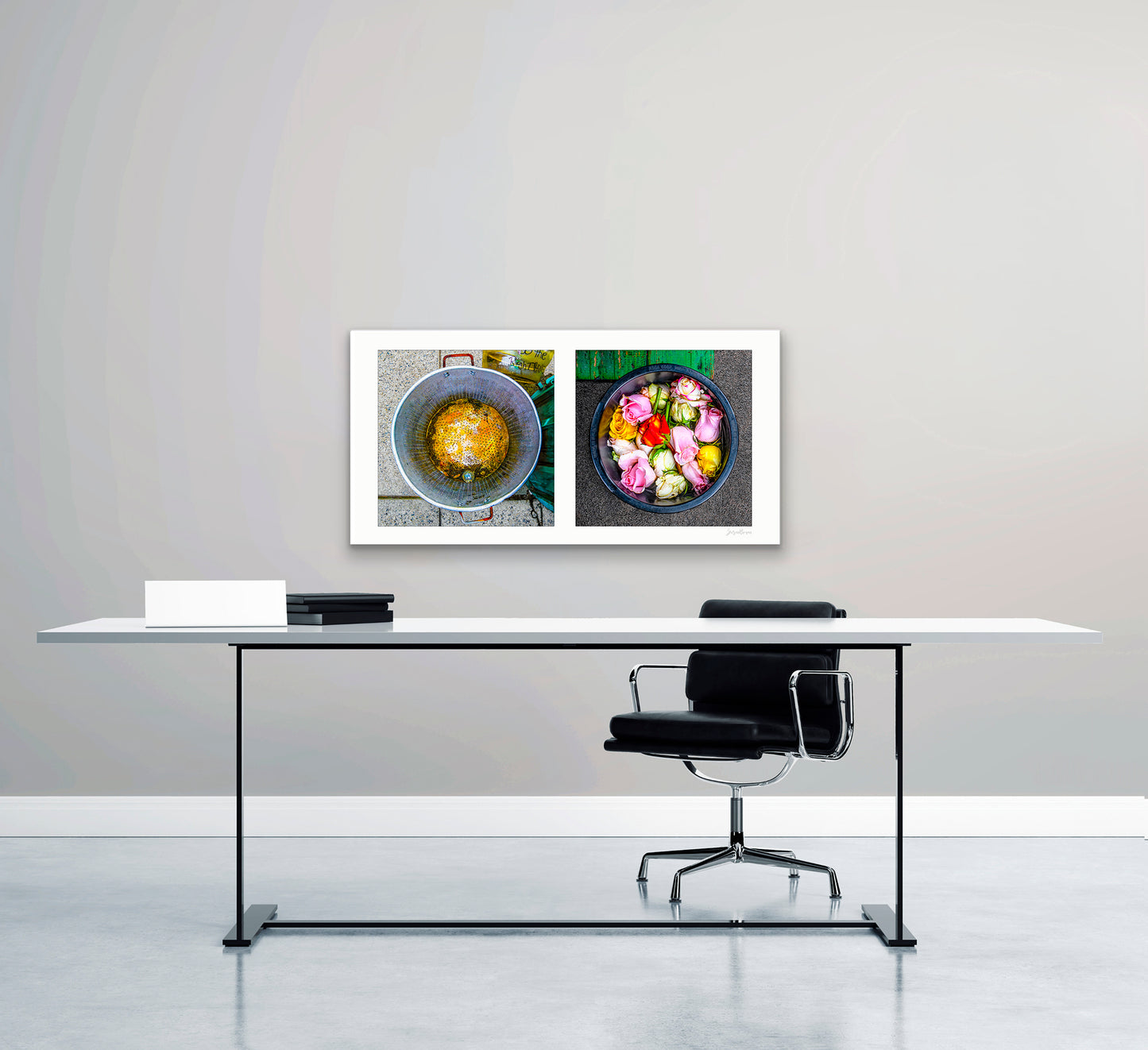 Diptych photograph of found objects round in shape with flowers