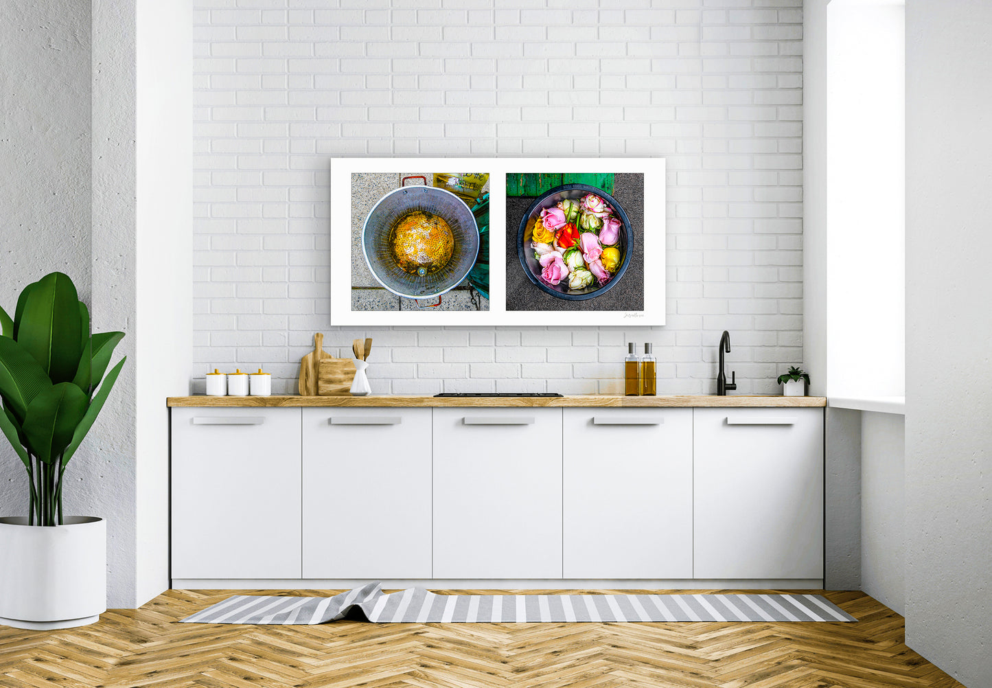 Diptych photograph of found objects round in shape with flowers
