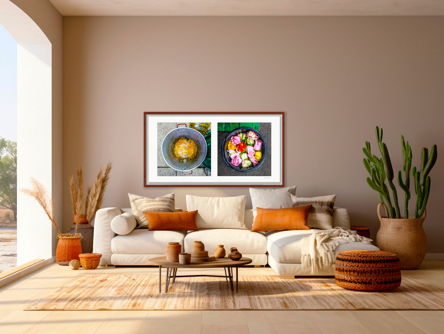 Diptych photograph of found objects round in shape with flowers