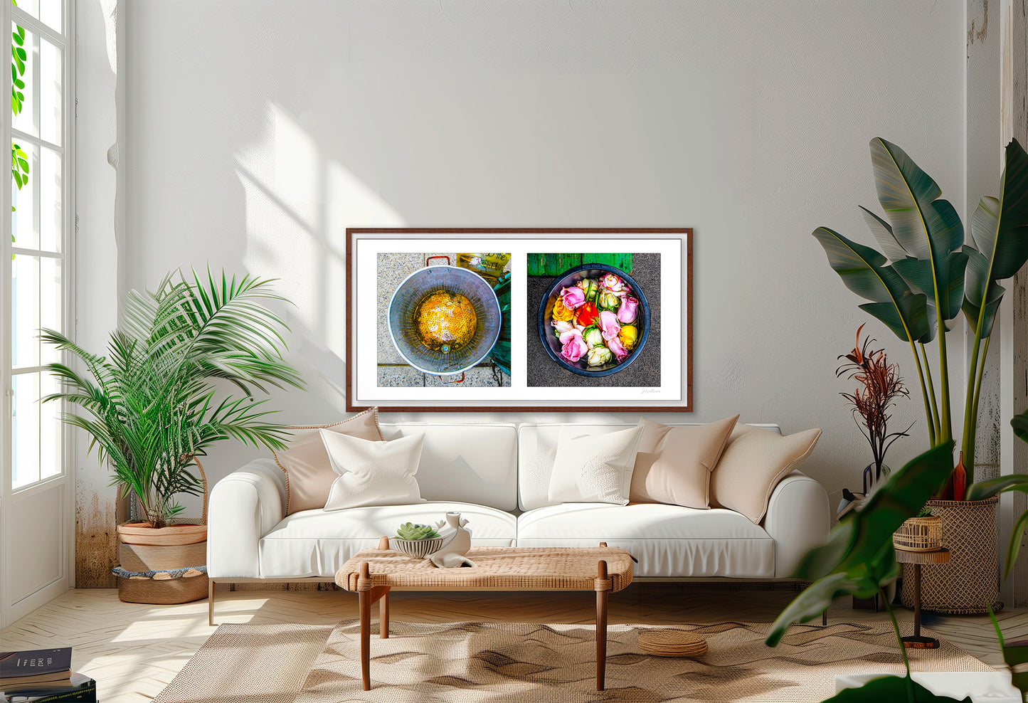 Diptych photograph of found objects round in shape with flowers