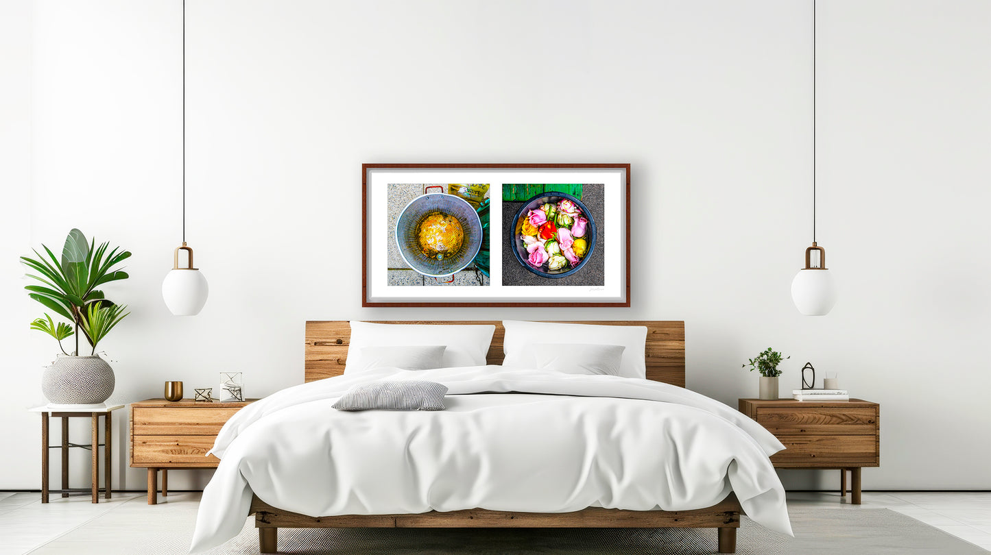 Diptych photograph of found objects round in shape with flowers
