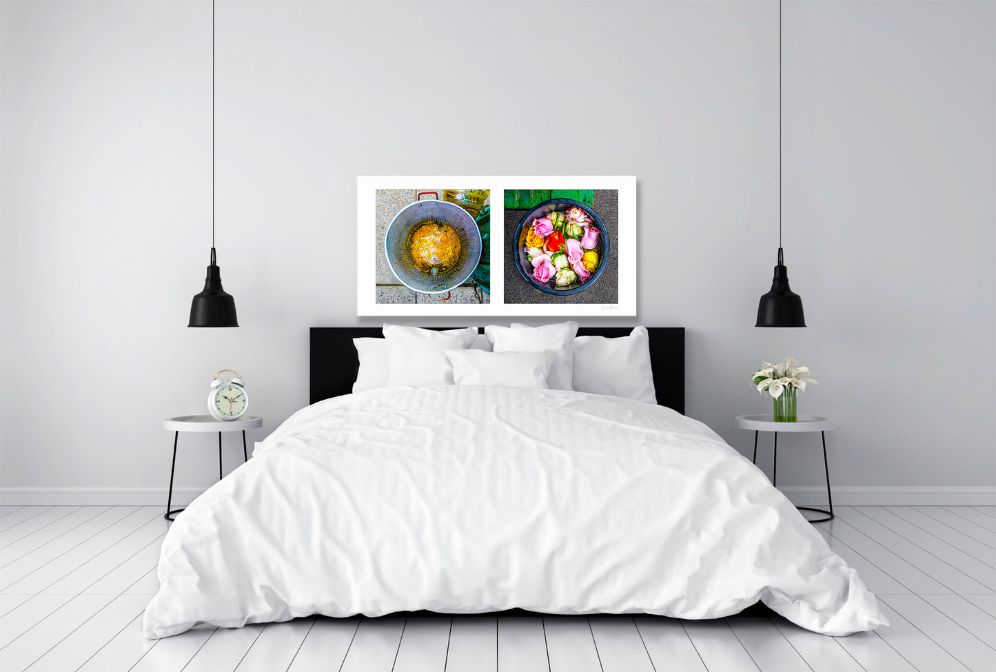 Diptych photograph of found objects round in shape with flowers